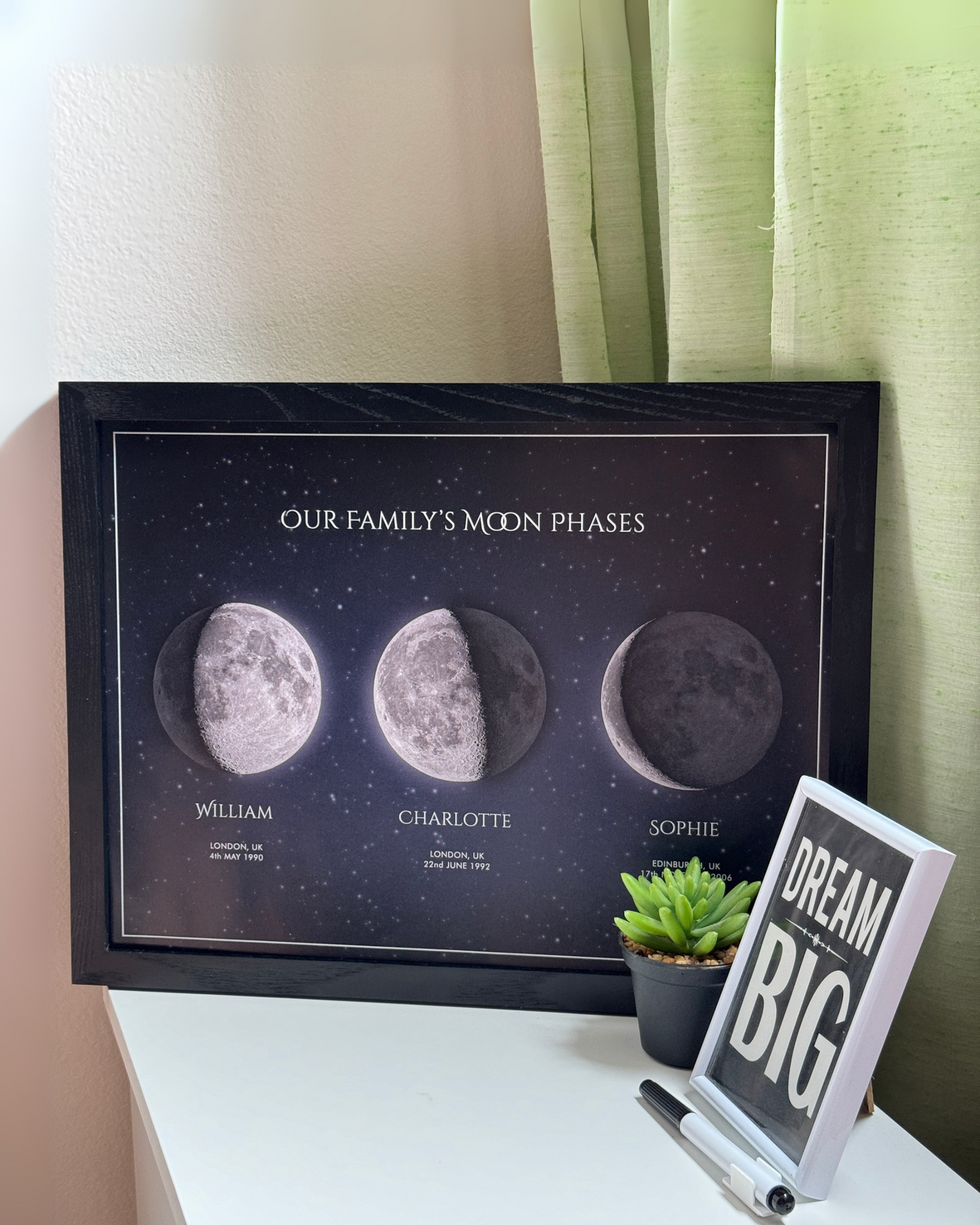 Multiple moon phase wall art print in neutral tones, showcasing various lunar phases on a textured background
