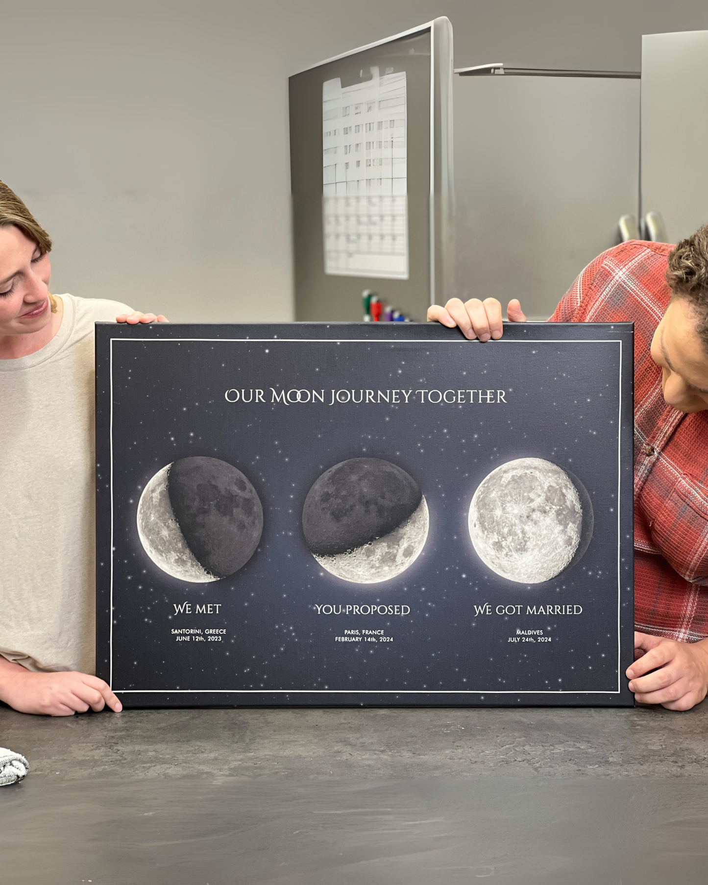 Multiple moon phase wall art print featuring soft neutral tones, depicting various lunar phases in a clean aesthetic
