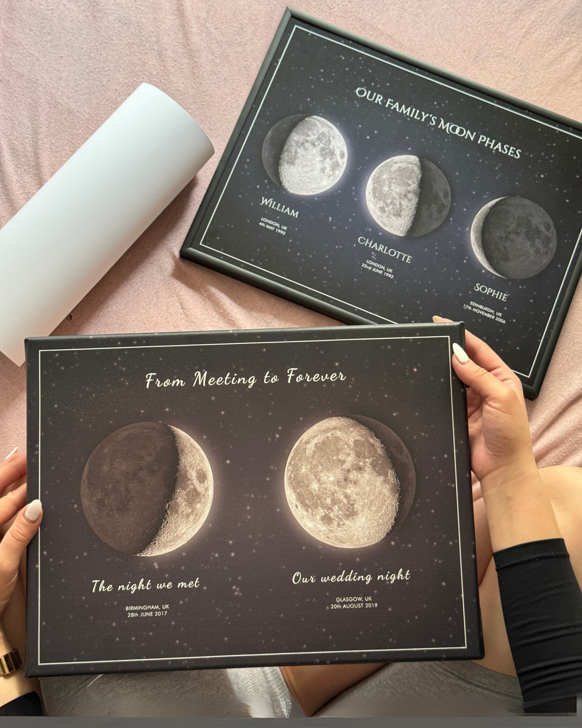 Multiple moon phase wall art print in dark neutral tones, showcasing various lunar phases in a minimalist style