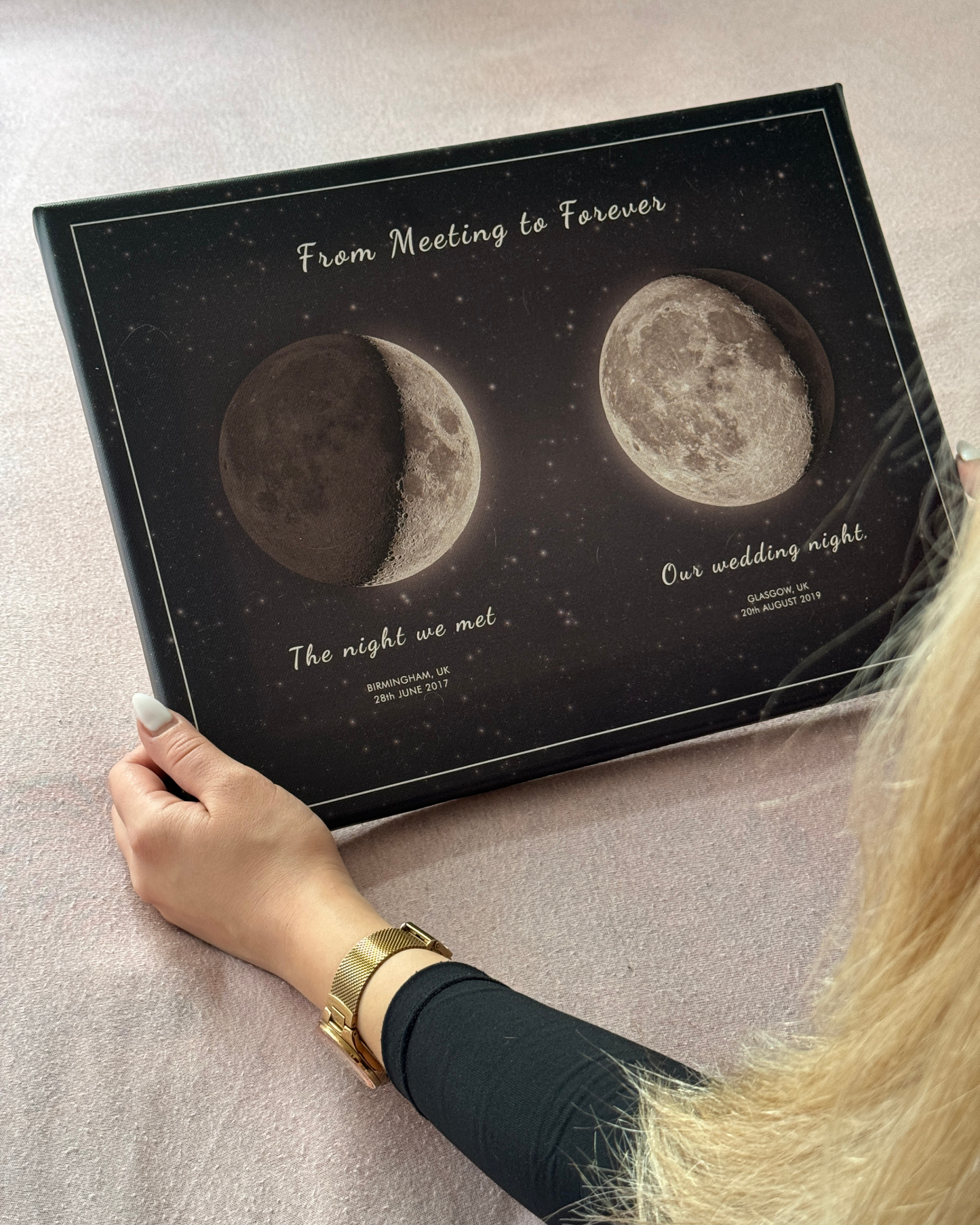 Multiple moon phase wall art print in dark neutral tones, showcasing various lunar phases