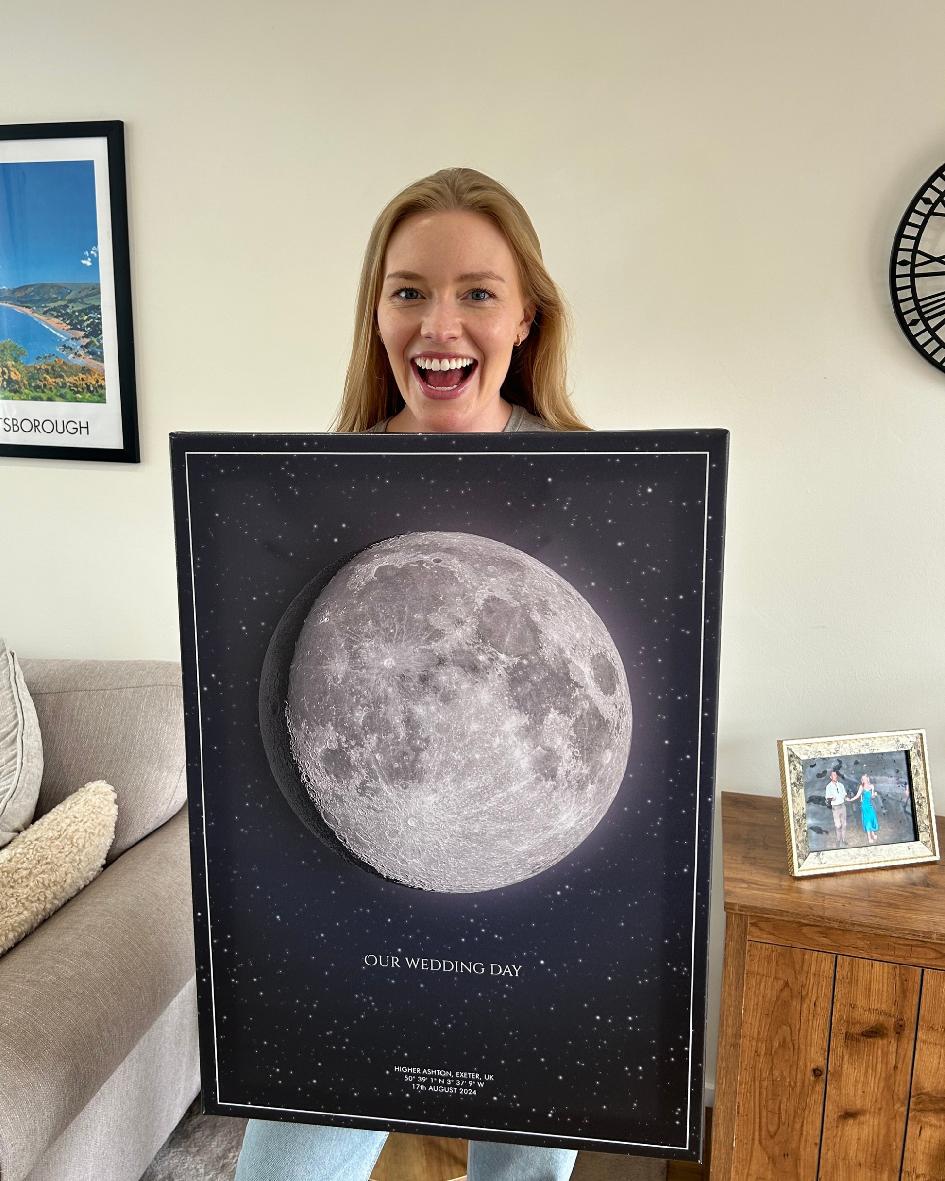 Single moon phase canvas art in neutral tones, depicting lunar phases with a soft, textured background