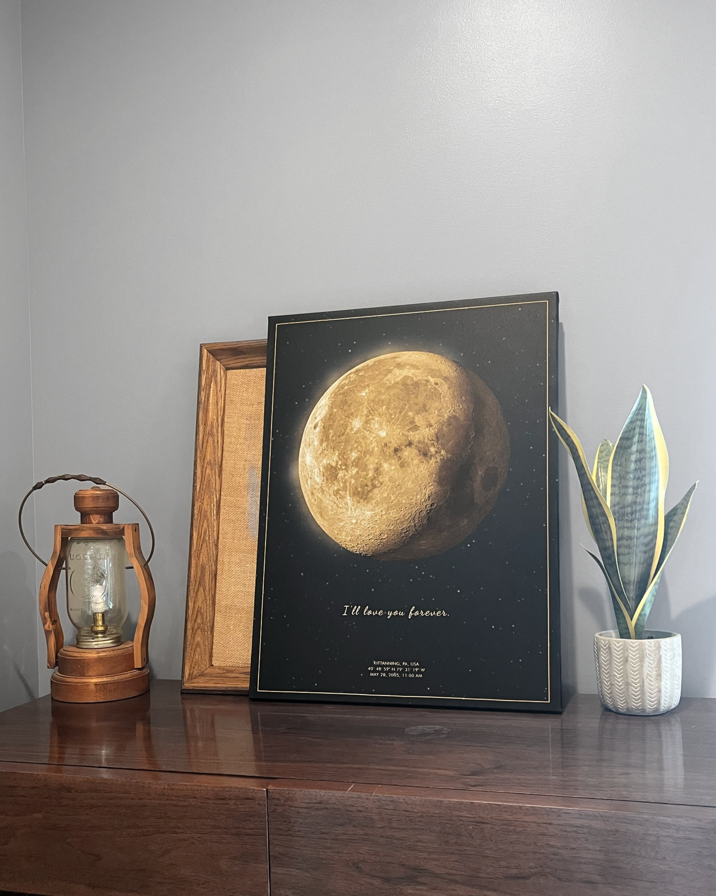 Single moon phase canvas art in neutral tones, 8x10 size, no mat, showcasing a minimalist design.